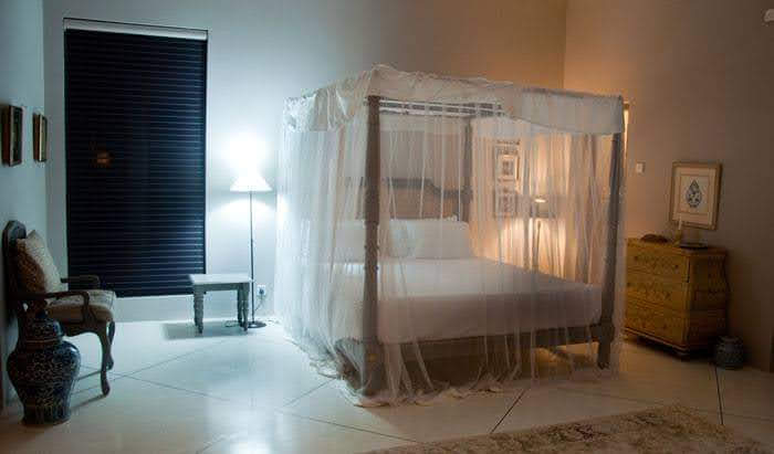 Guest bedroom with warm natural finishes